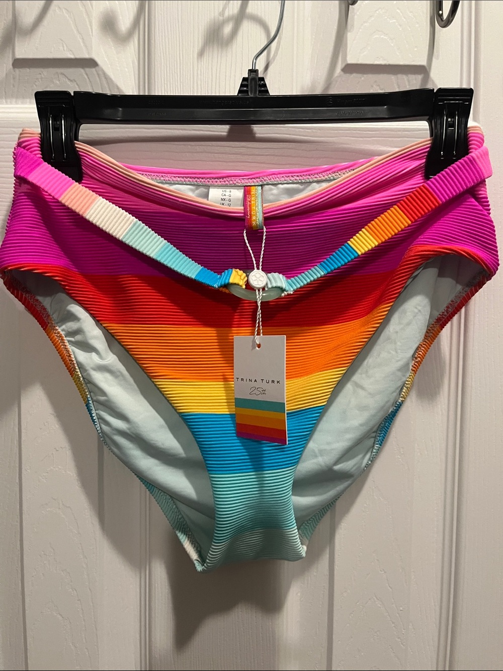 Trina Turk Pink Multi-Color Rainbow Stripe High-Waist Bikini Bottom